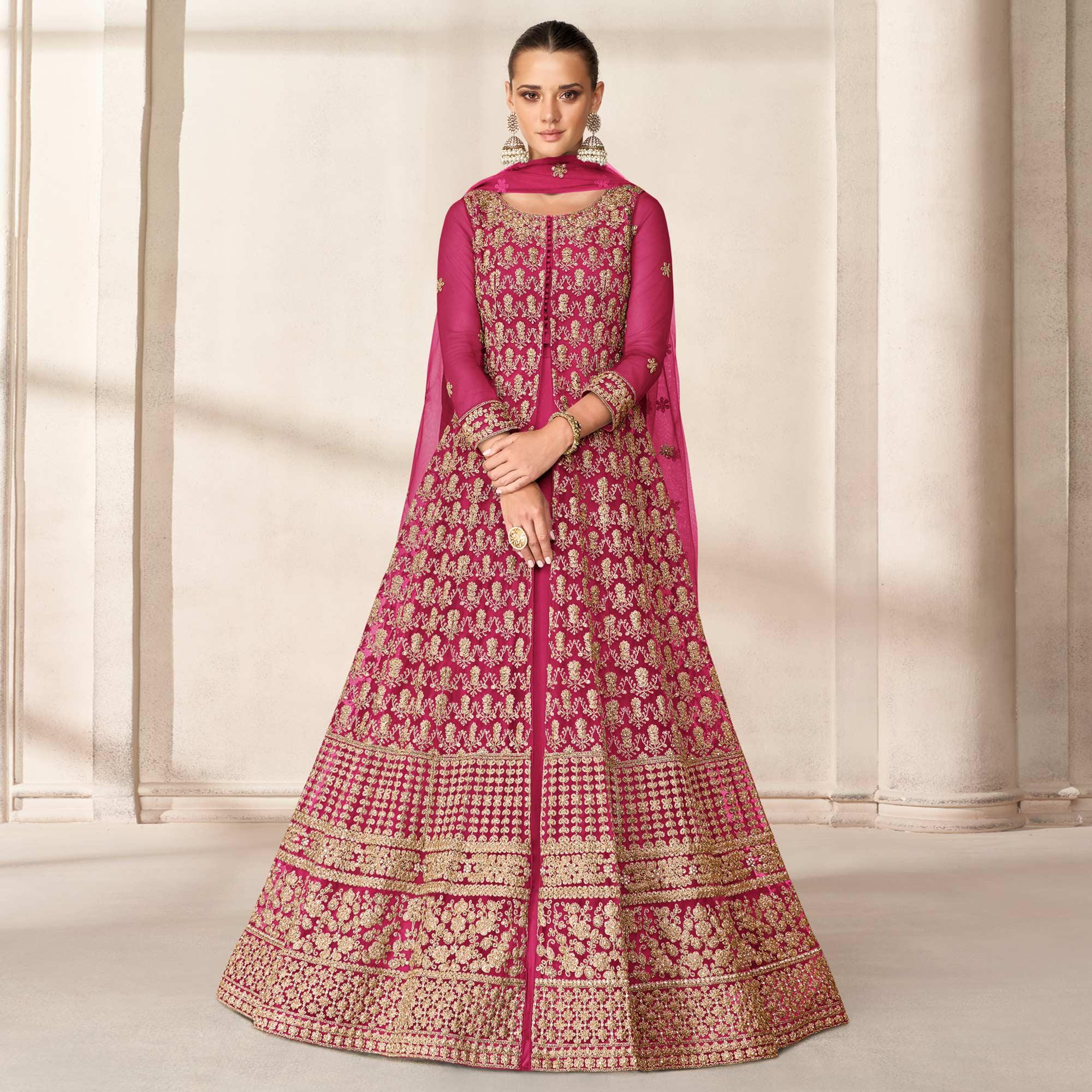 Pink Floral Embroidered Net Anarkali Style Gown - Peachmode