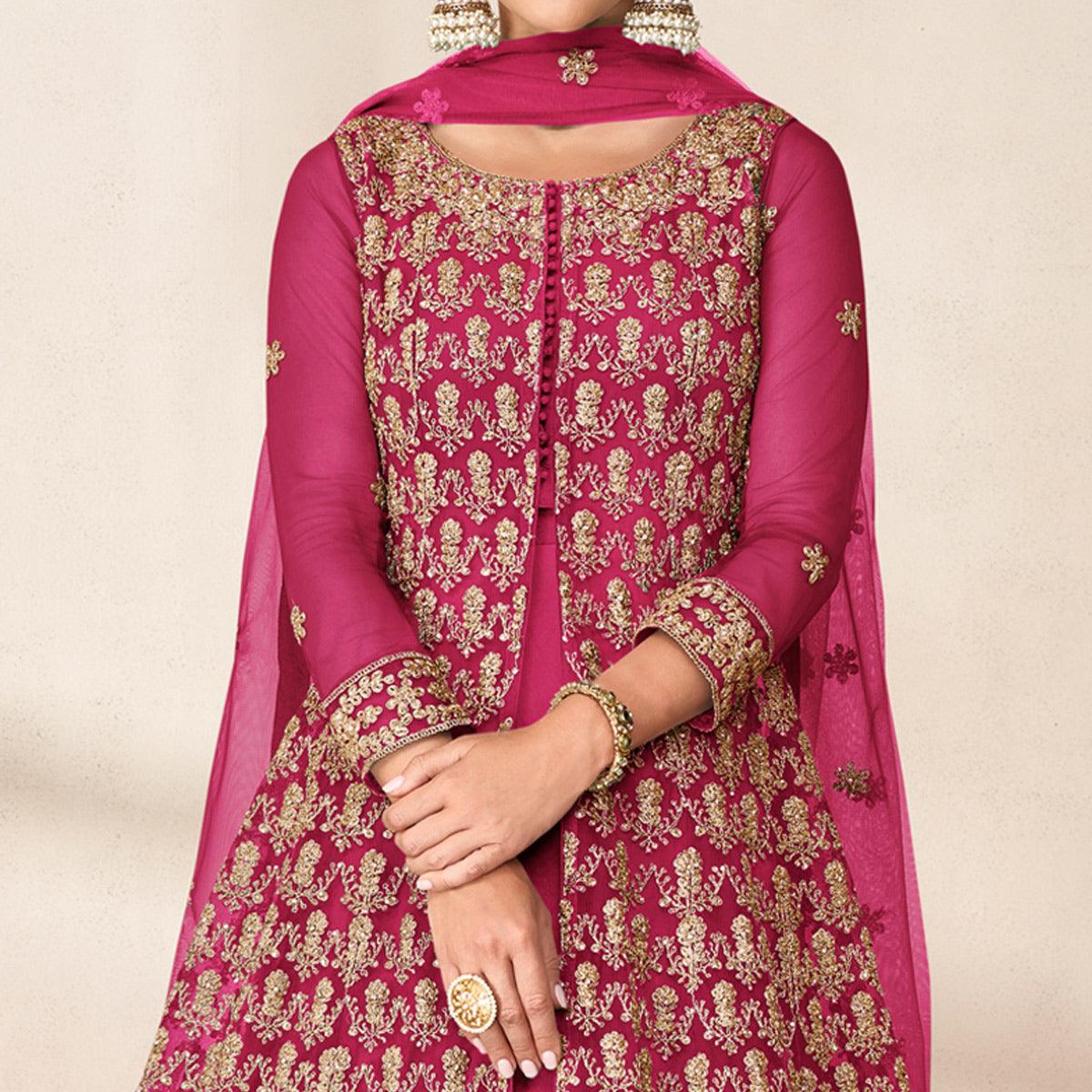 Pink Floral Embroidered Net Anarkali Style Gown - Peachmode