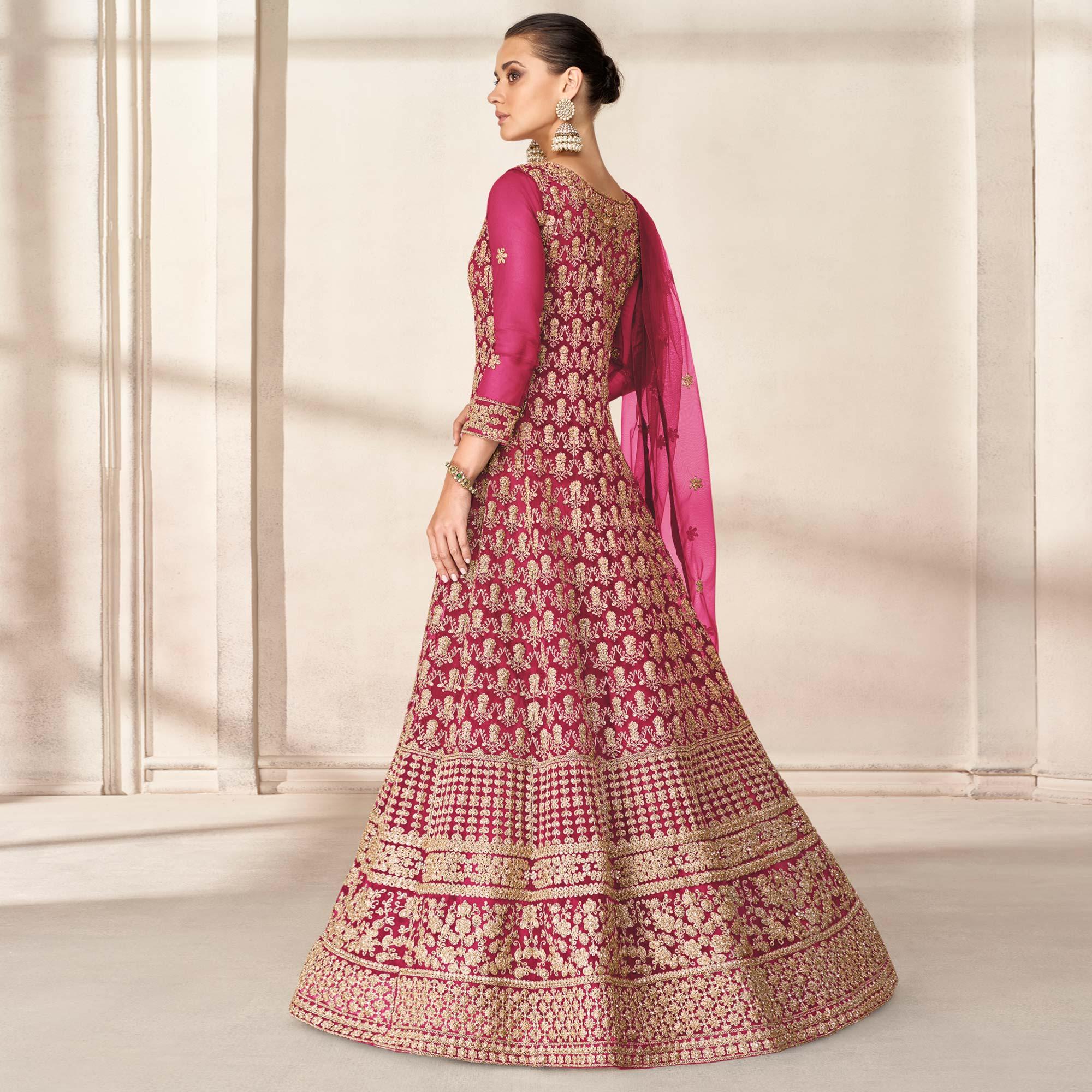 Pink Floral Embroidered Net Anarkali Style Gown - Peachmode