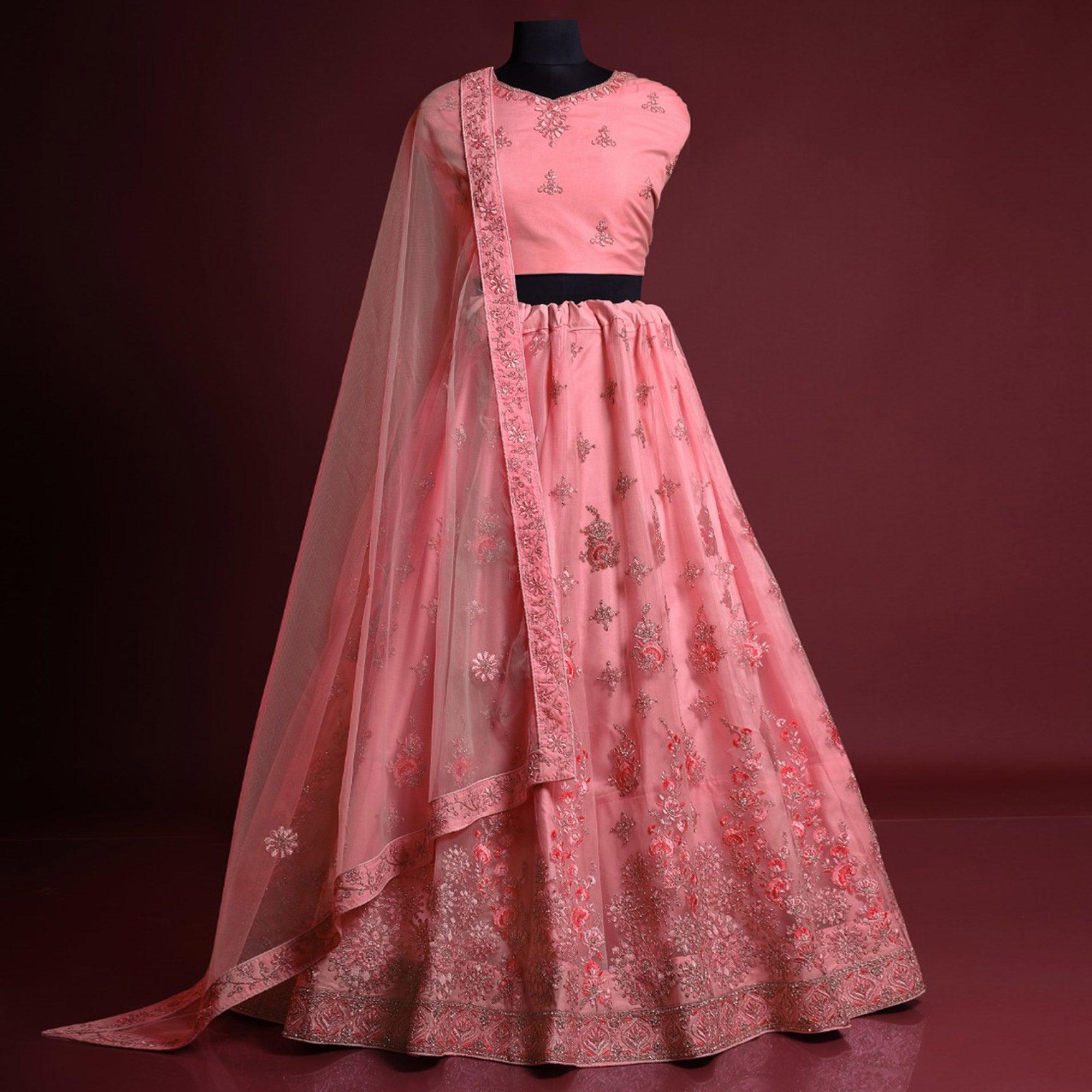 Pink Floral Embroidered Net Lehenga Choli - Peachmode