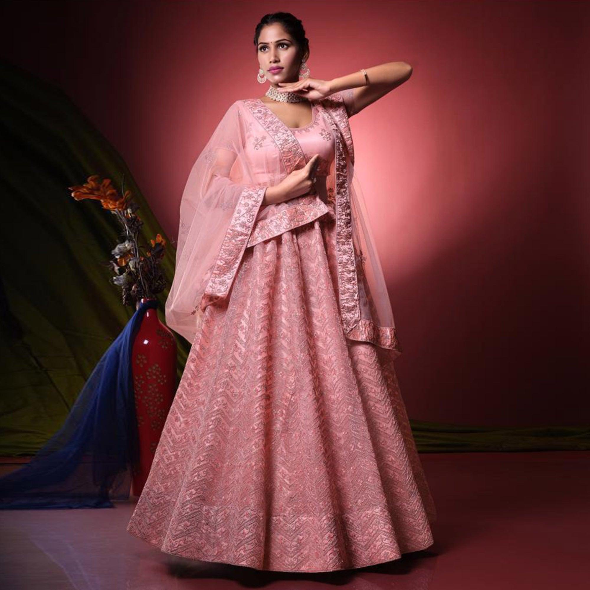 Pink Floral Embroidered Net Lehenga Choli - Peachmode