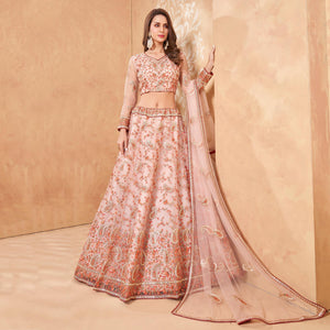 Pink Floral Embroidered Net Lehenga Choli - Peachmode