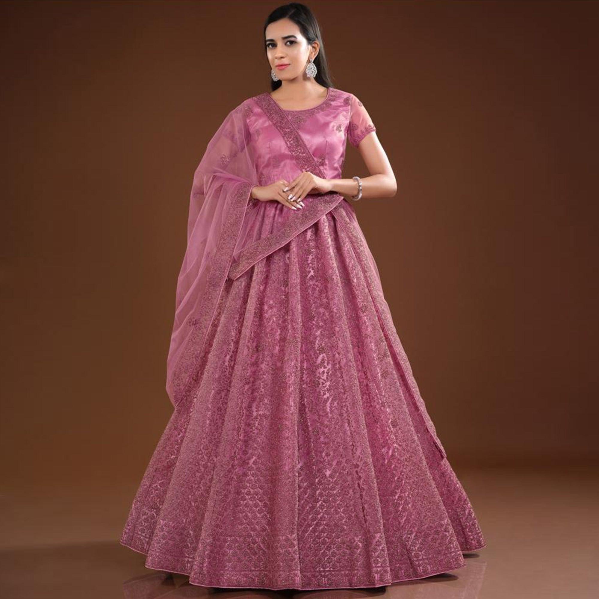 Pink Floral Embroidered Net Lehenga Choli - Peachmode