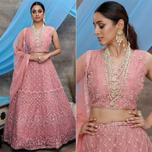 Pink Floral Embroidered Net Lehenga Choli - Peachmode