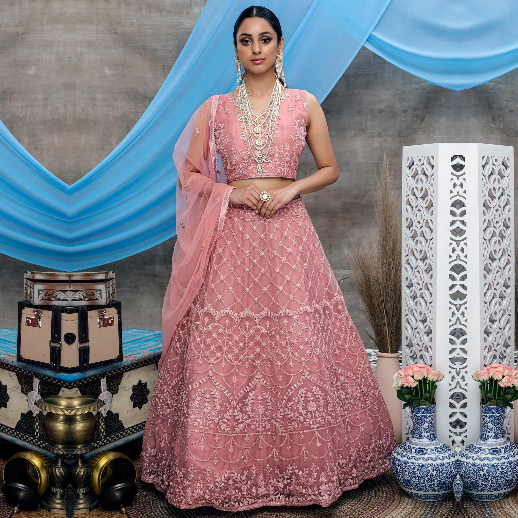 Pink Floral Embroidered Net Lehenga Choli - Peachmode