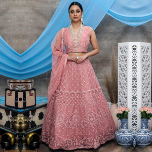 Pink Floral Embroidered Net Lehenga Choli - Peachmode