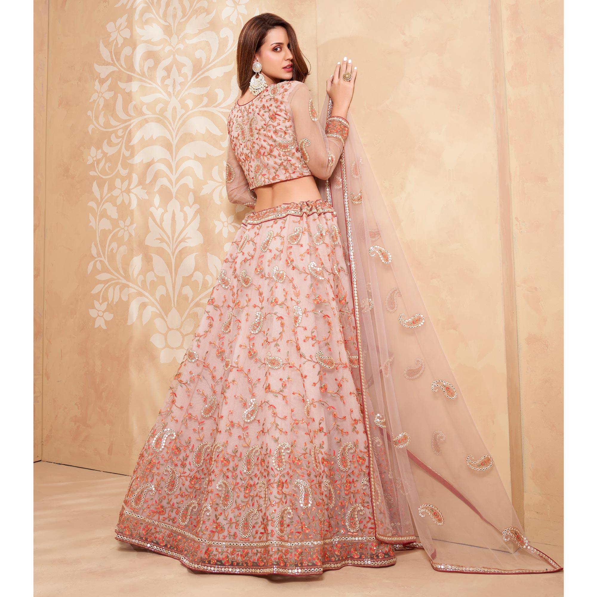 Pink Floral Embroidered Net Lehenga Choli - Peachmode