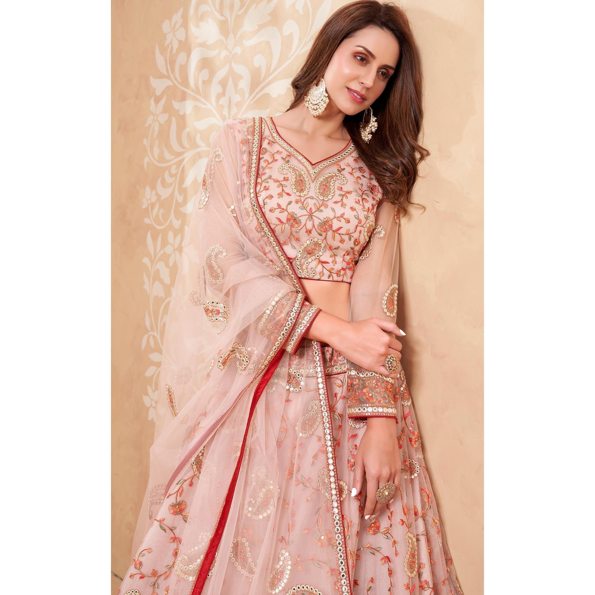 Pink Floral Embroidered Net Lehenga Choli - Peachmode