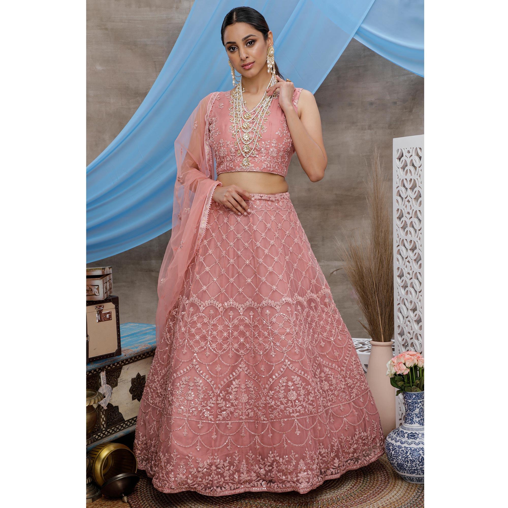 Pink Floral Embroidered Net Lehenga Choli - Peachmode