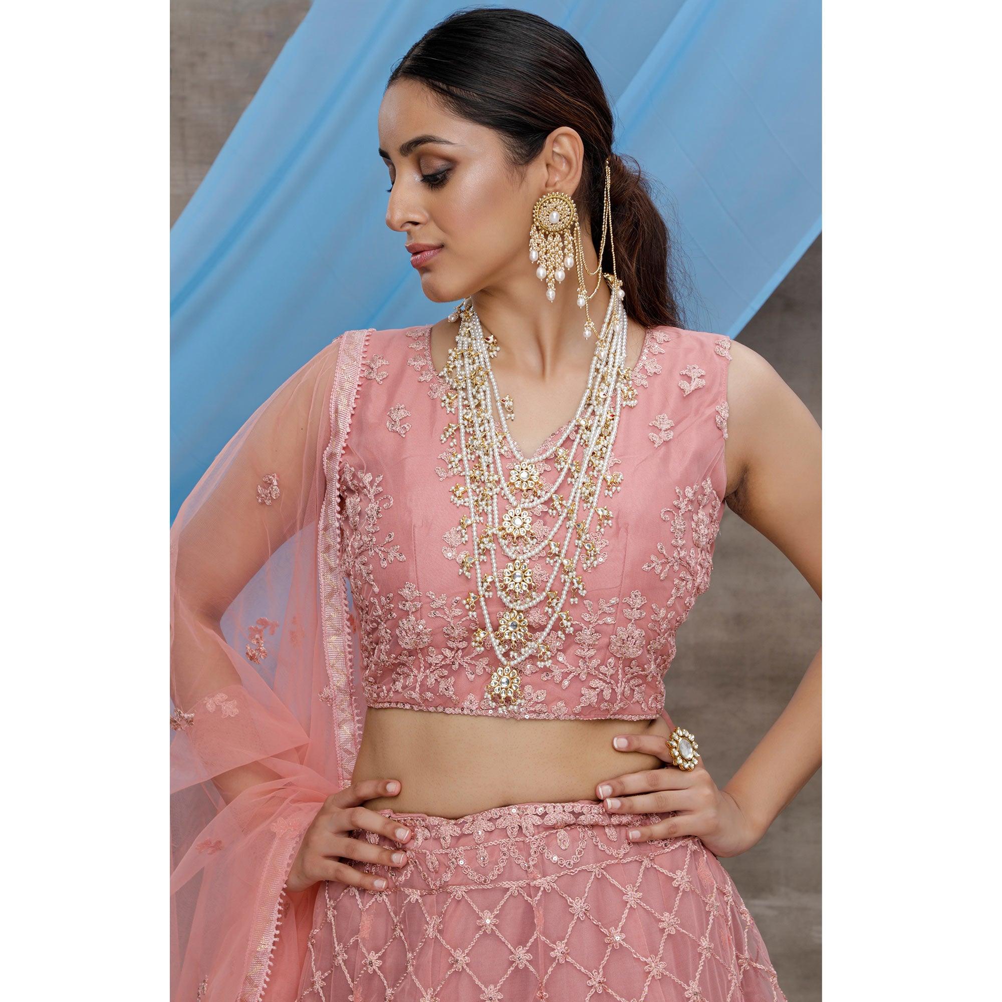 Pink Floral Embroidered Net Lehenga Choli - Peachmode