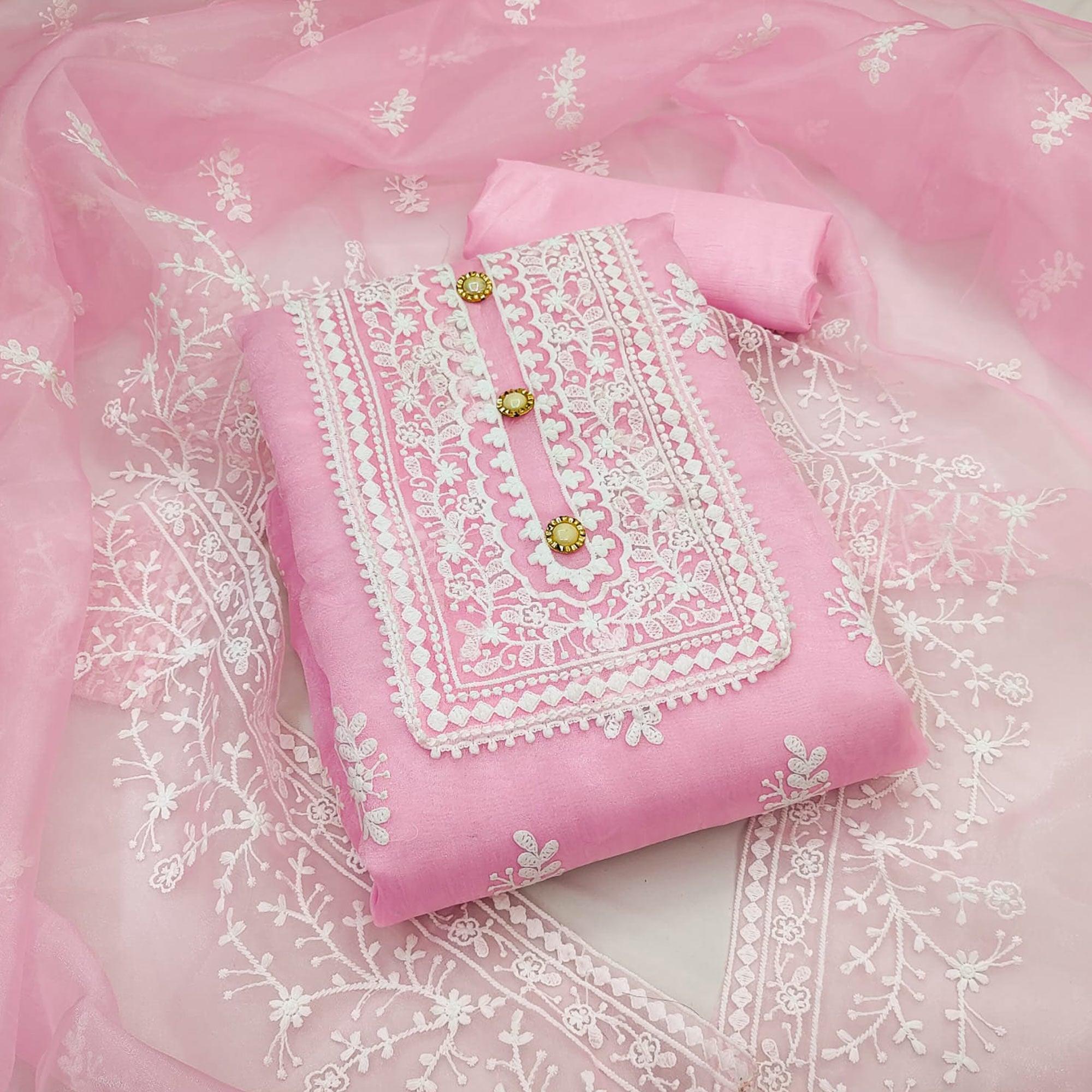 Pink Floral Embroidered Organza Dress Material - Peachmode