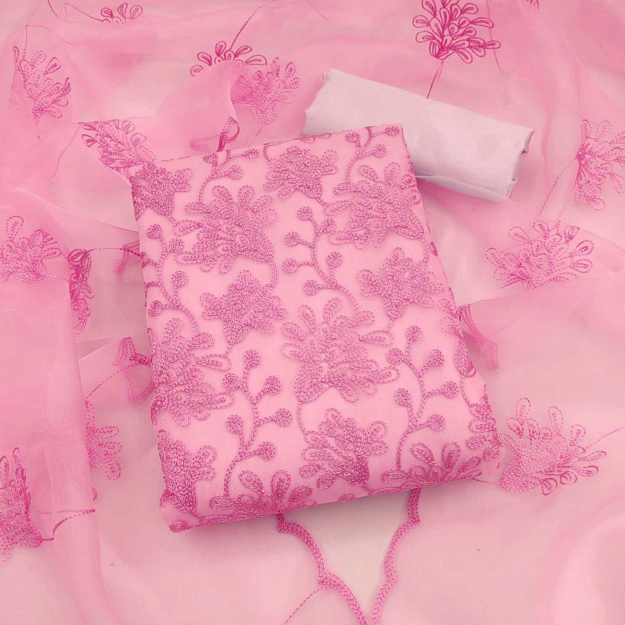 Pink Floral Embroidered Organza Dress Material - Peachmode