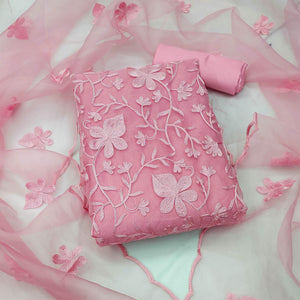 Pink Floral Embroidered Organza Dress Material - Peachmode