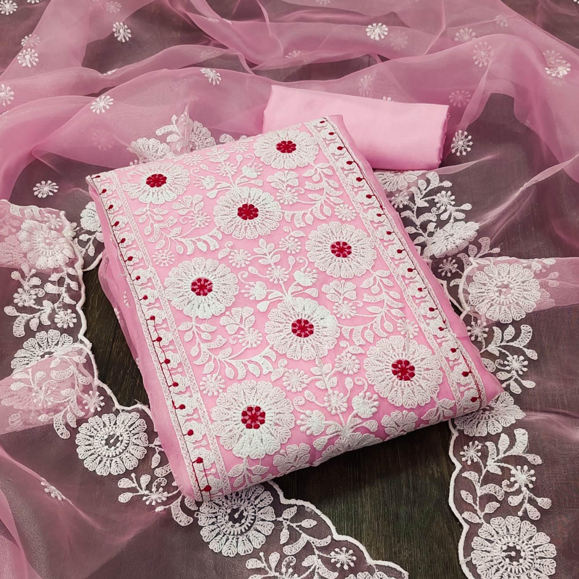 Pink Floral Embroidered Organza Dress Material - Peachmode