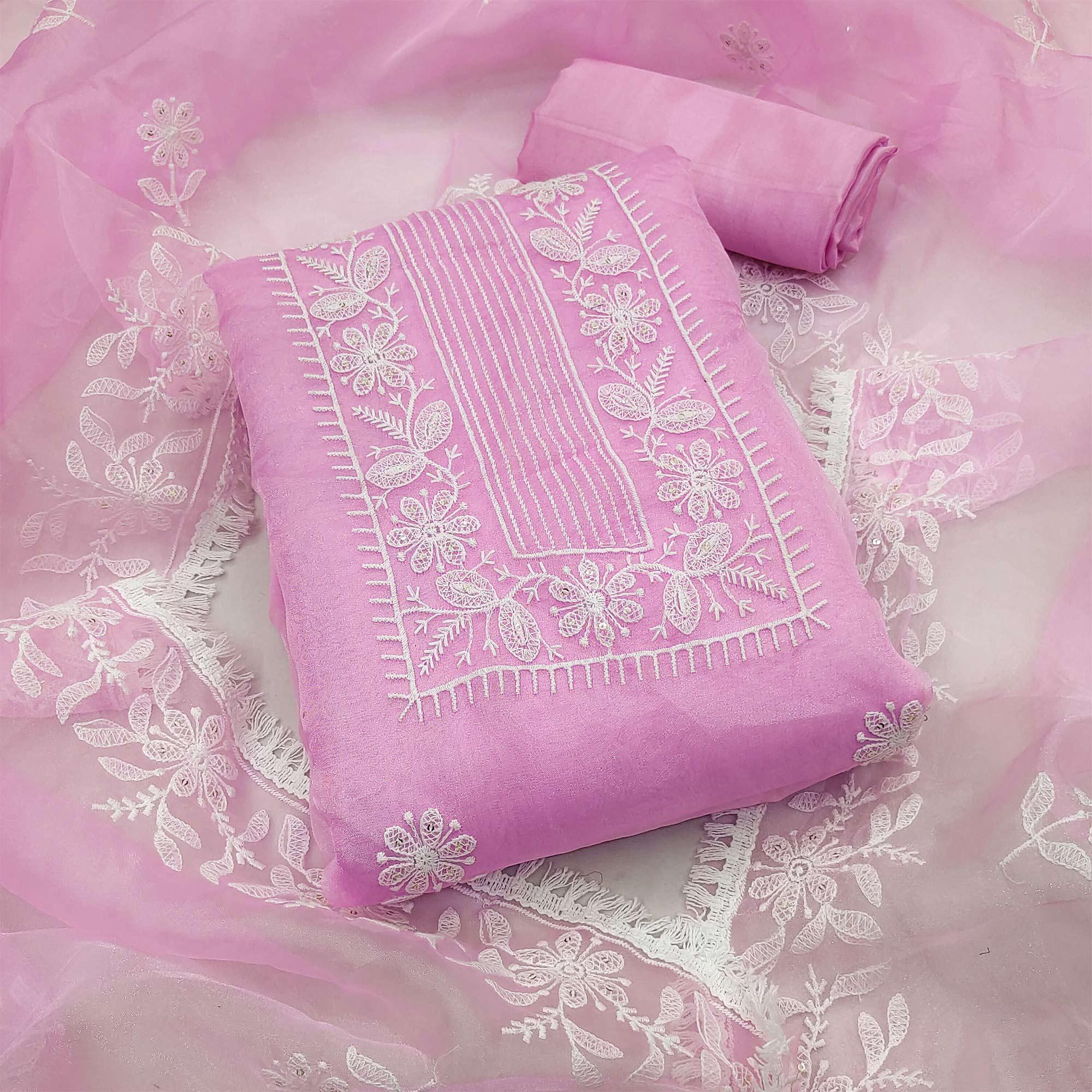 Pink Floral Embroidered Organza Dress Material - Peachmode