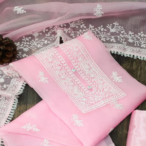 Pink Floral Embroidered Organza Dress Material - Peachmode