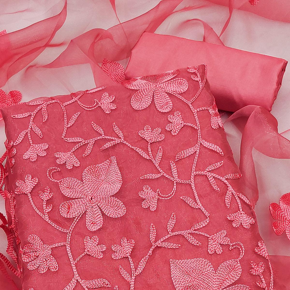 Pink Floral Embroidered Organza Dress Material - Peachmode