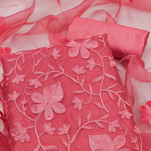 Pink Floral Embroidered Organza Dress Material - Peachmode
