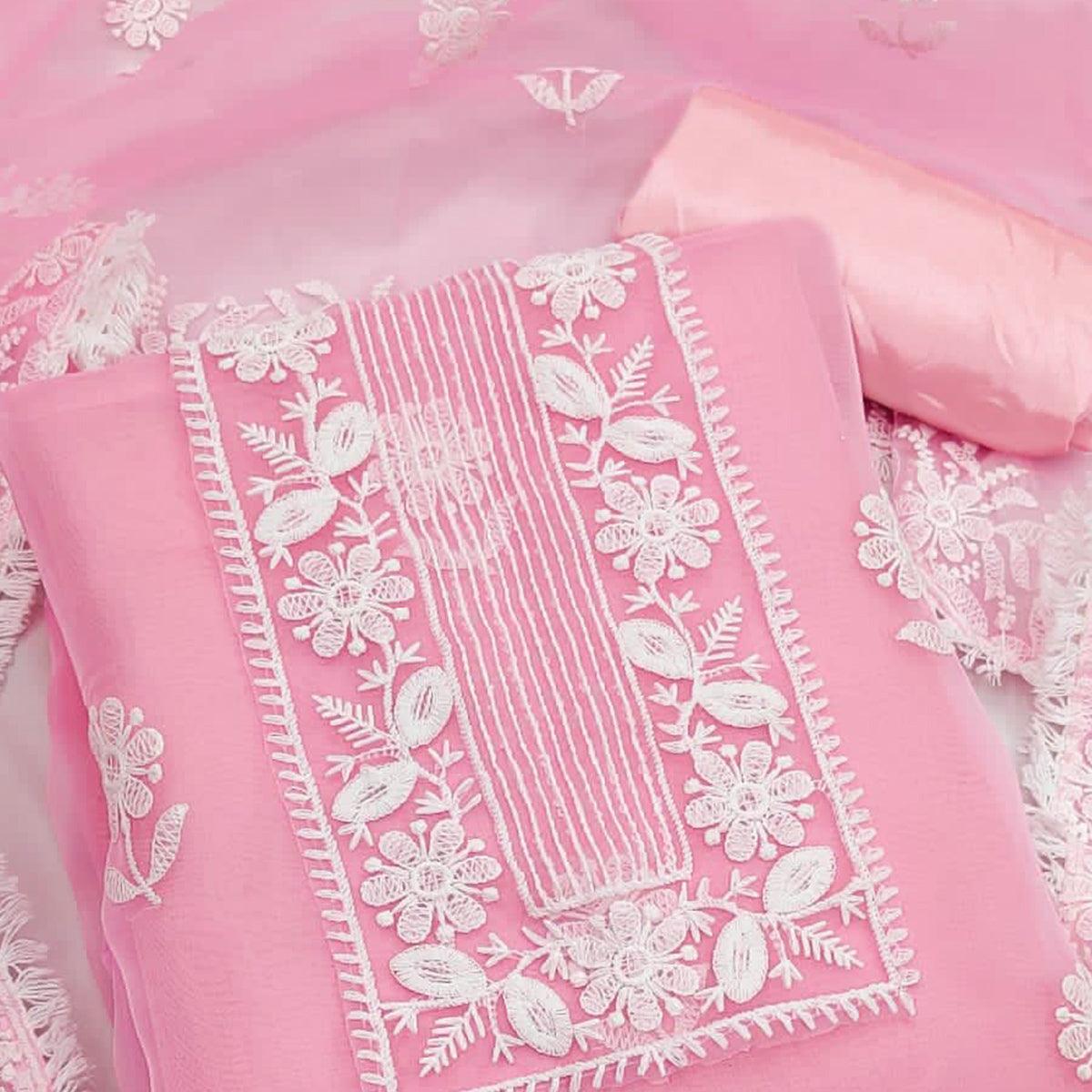 Pink Floral Embroidered Organza Dress Material - Peachmode