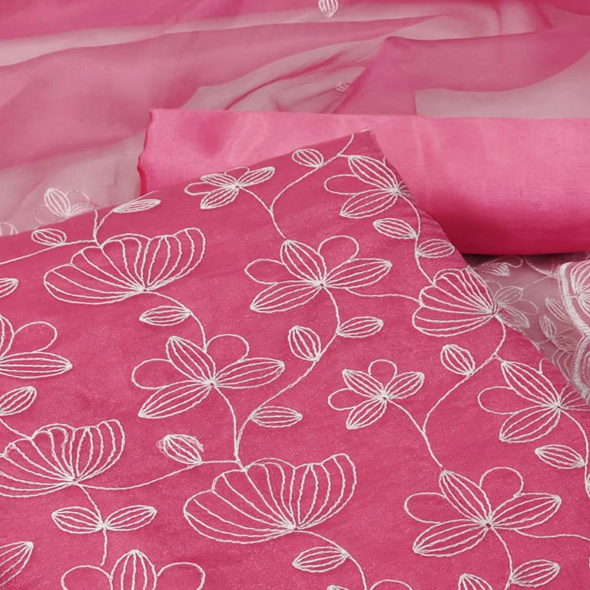 Pink Floral Embroidered Organza Dress Material - Peachmode