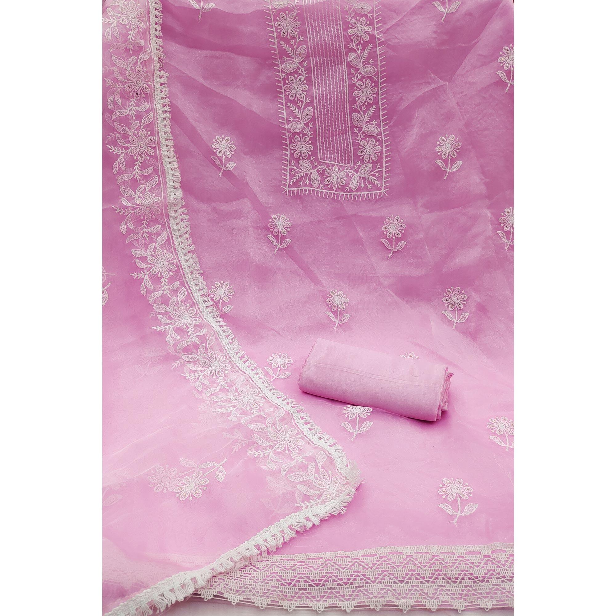 Pink Floral Embroidered Organza Dress Material - Peachmode