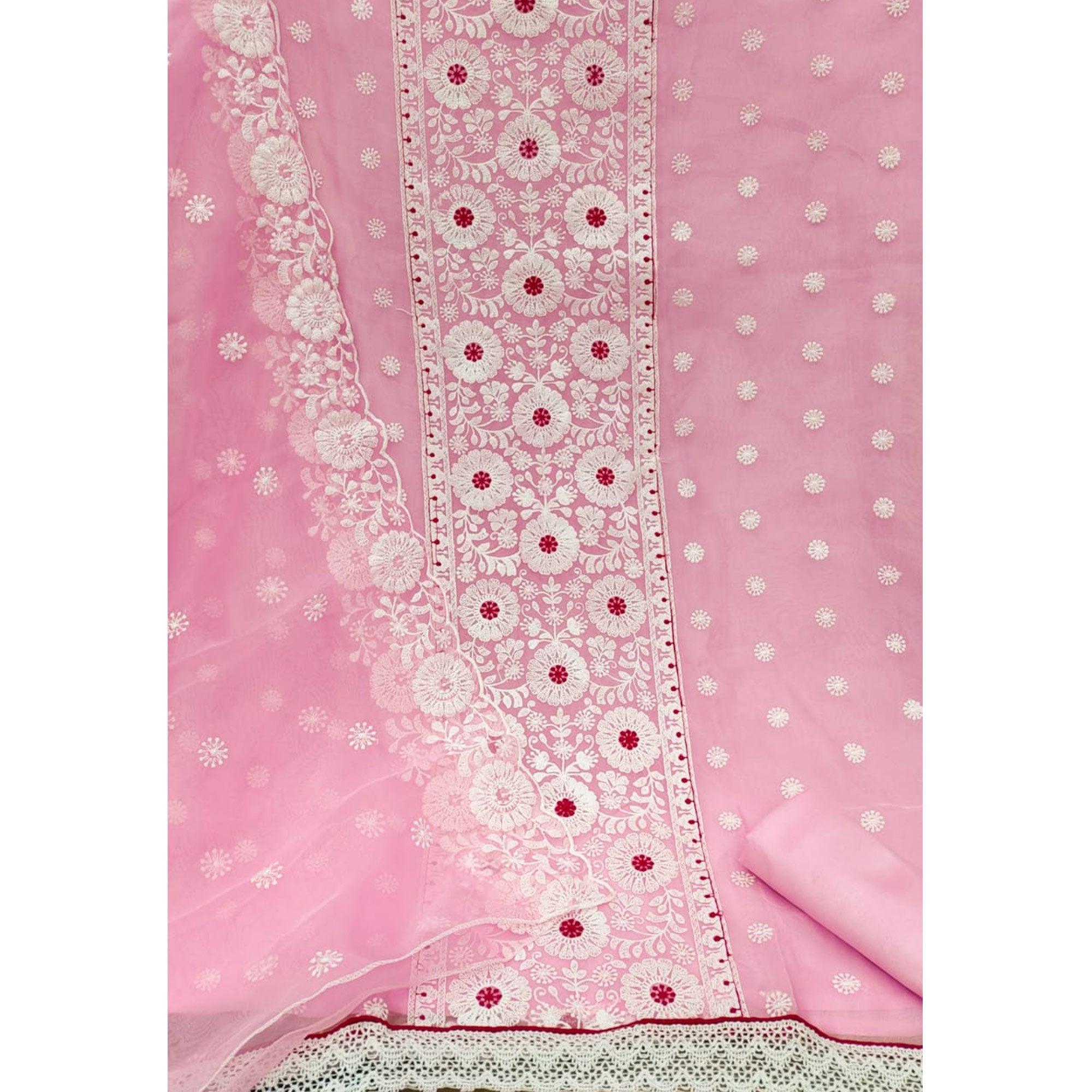 Pink Floral Embroidered Organza Dress Material - Peachmode