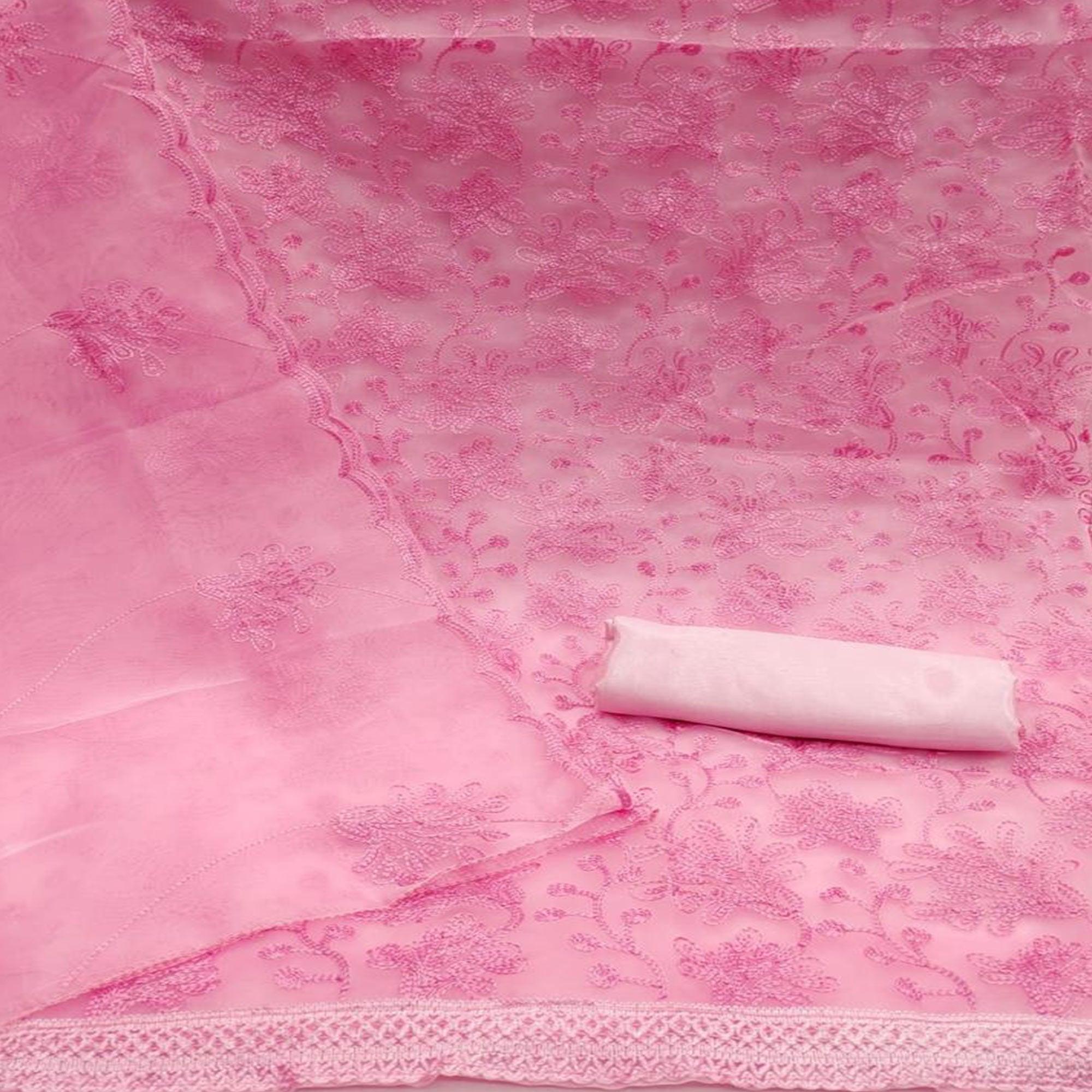 Pink Floral Embroidered Organza Dress Material - Peachmode