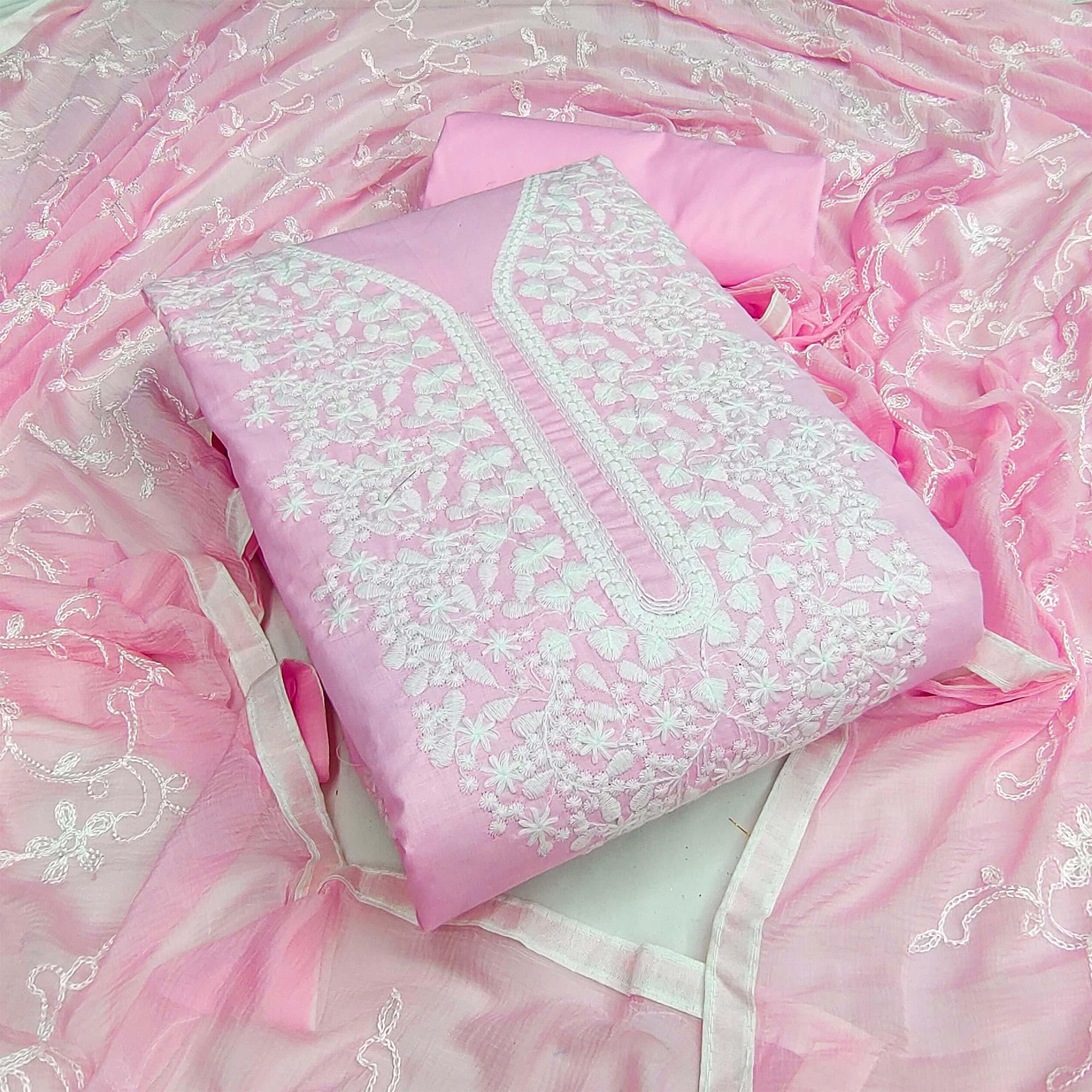 Pink Floral Embroidered Pure Cotton Dress Material - Peachmode