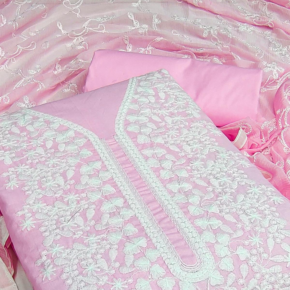 Pink Floral Embroidered Pure Cotton Dress Material - Peachmode