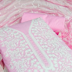 Pink Floral Embroidered Pure Cotton Dress Material - Peachmode