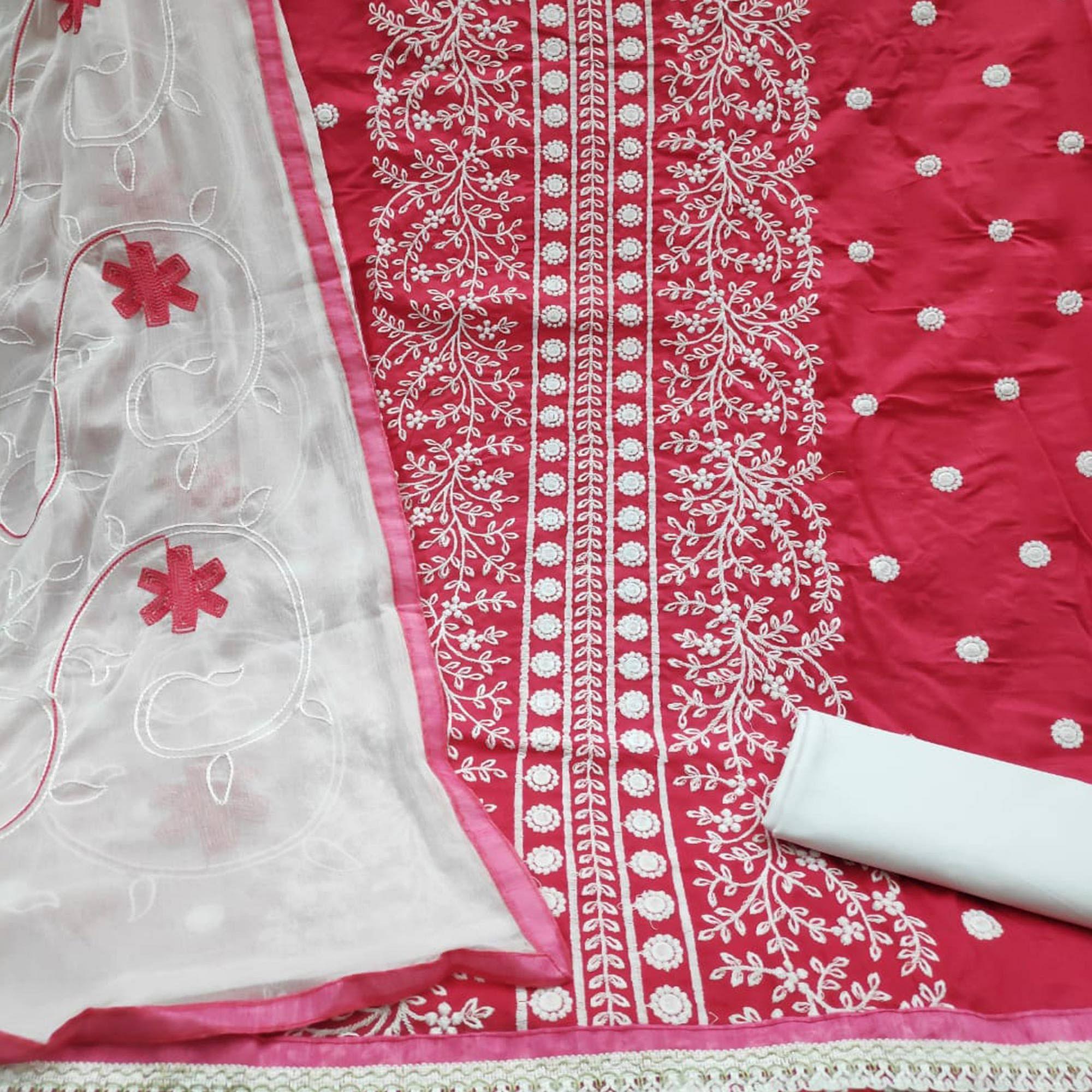 Pink Floral Embroidered Pure Cotton Dress Material - Peachmode