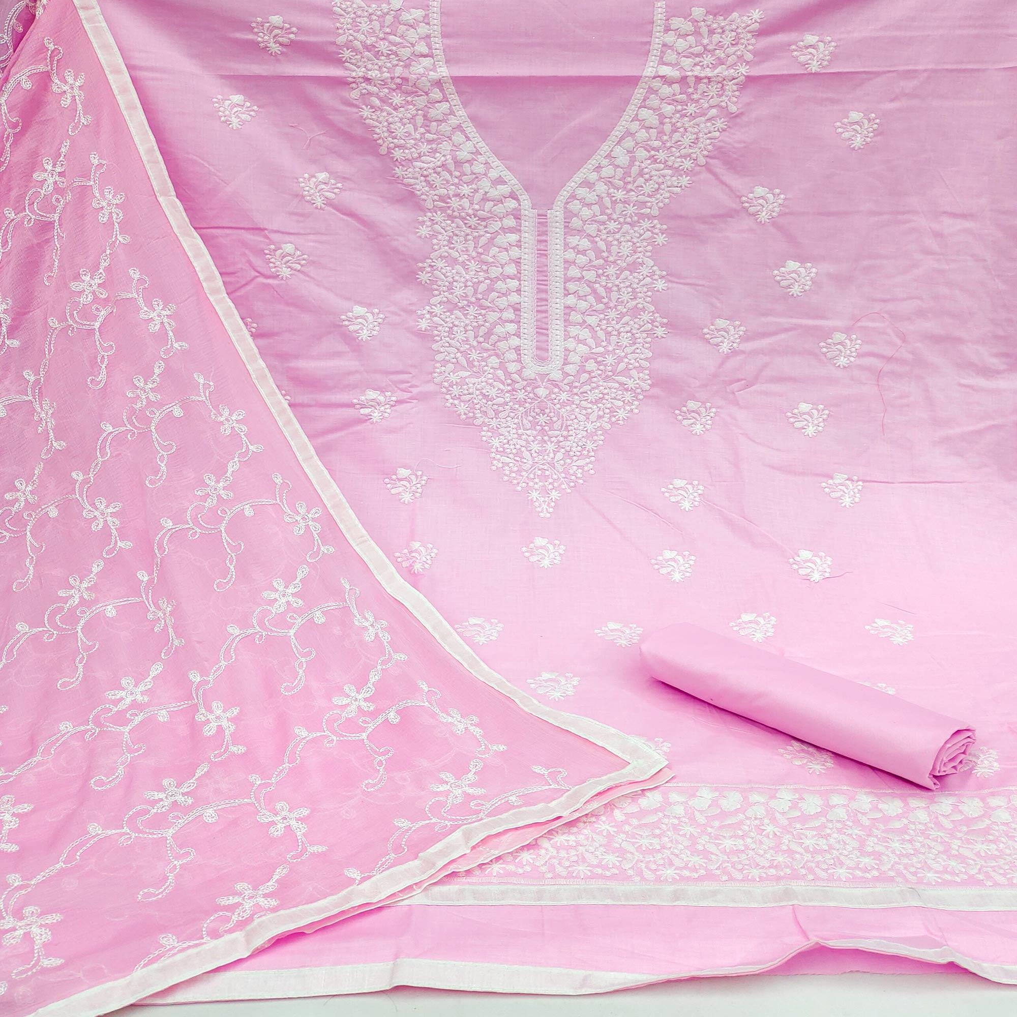 Pink Floral Embroidered Pure Cotton Dress Material - Peachmode
