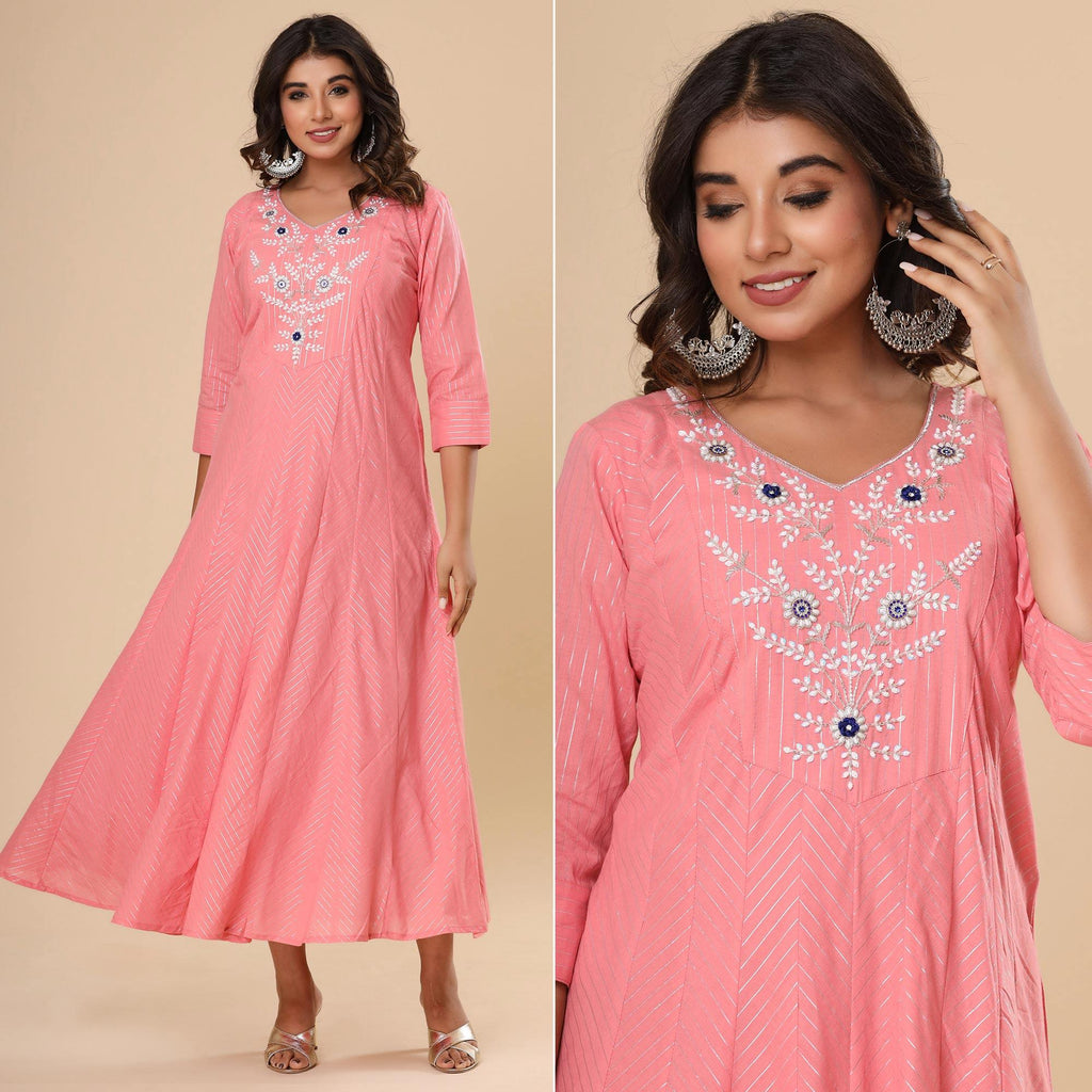 Pink Floral Embroidered Pure Cotton Dress