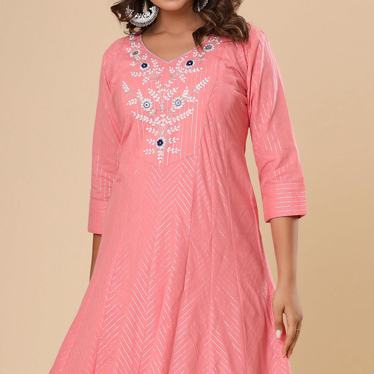 Pink Floral Embroidered Pure Cotton Dress - Peachmode
