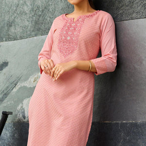Pink Floral Embroidered Pure Cotton Kurti - Peachmode
