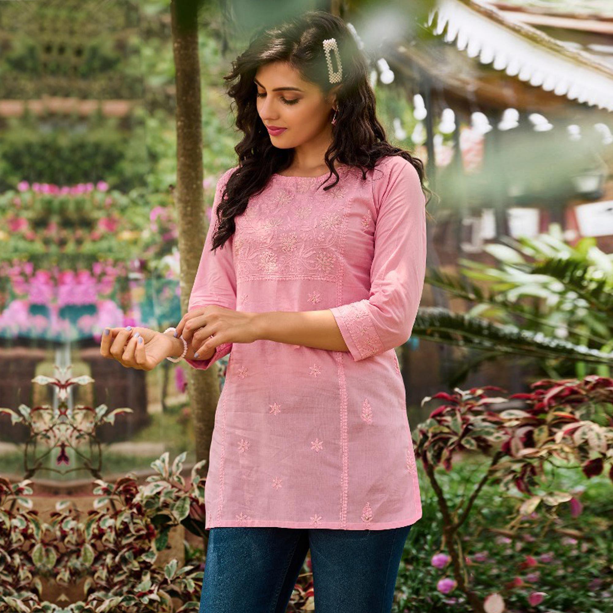 Pink Floral Embroidered Pure Cotton Top - Peachmode