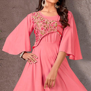 Pink Floral Embroidered Rayon Gown - Peachmode