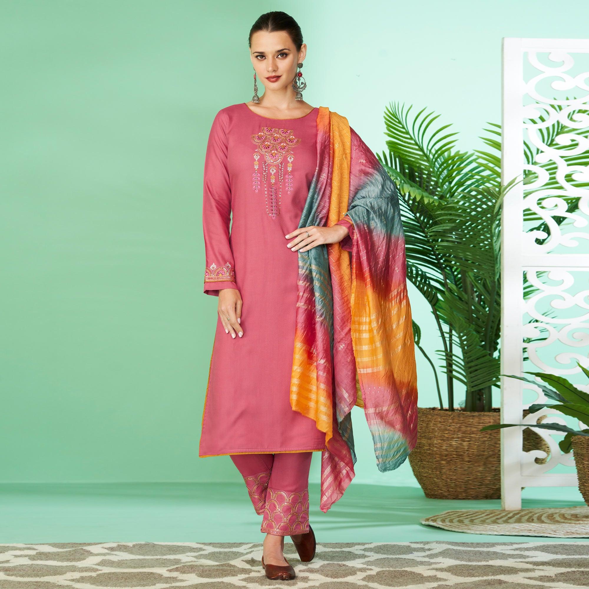 Pink Floral Embroidered Rayon Kurti Pant Set - Peachmode