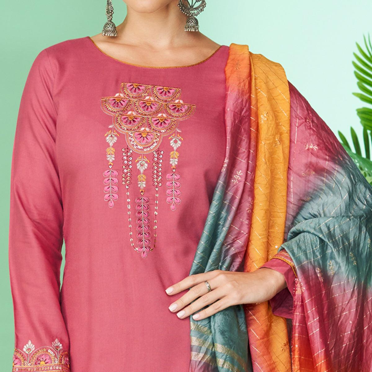 Pink Floral Embroidered Rayon Kurti Pant Set - Peachmode