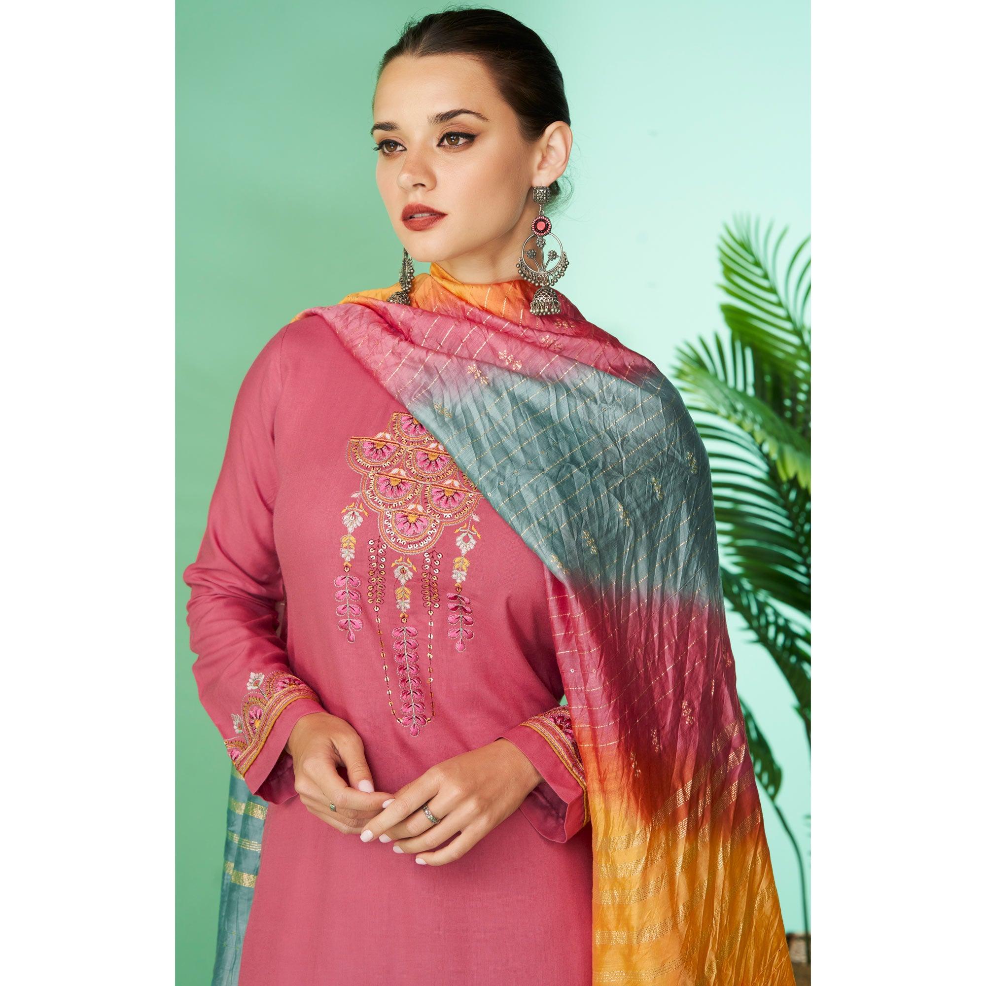 Pink Floral Embroidered Rayon Kurti Pant Set - Peachmode