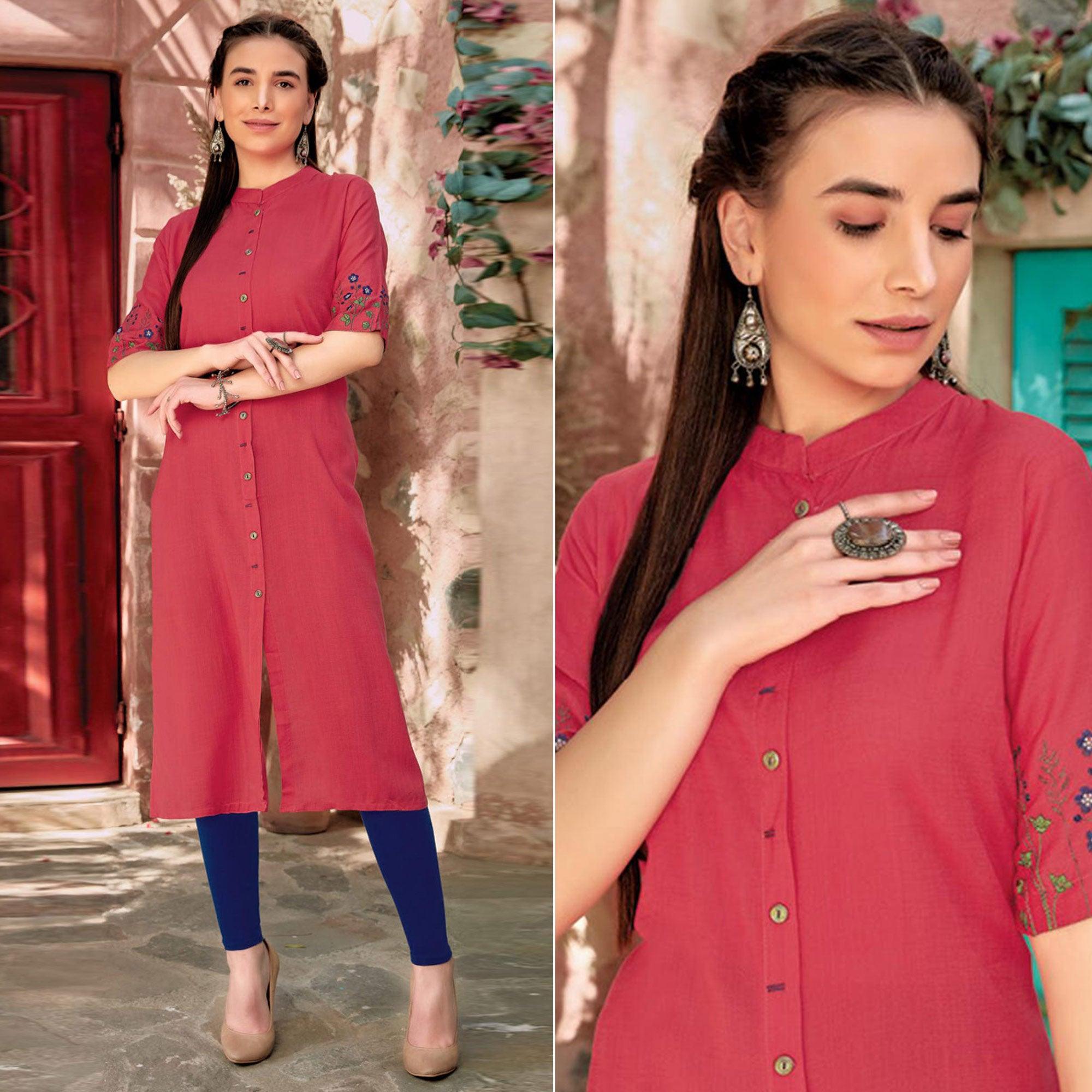 Pink Floral Embroidered Rayon Kurti - Peachmode