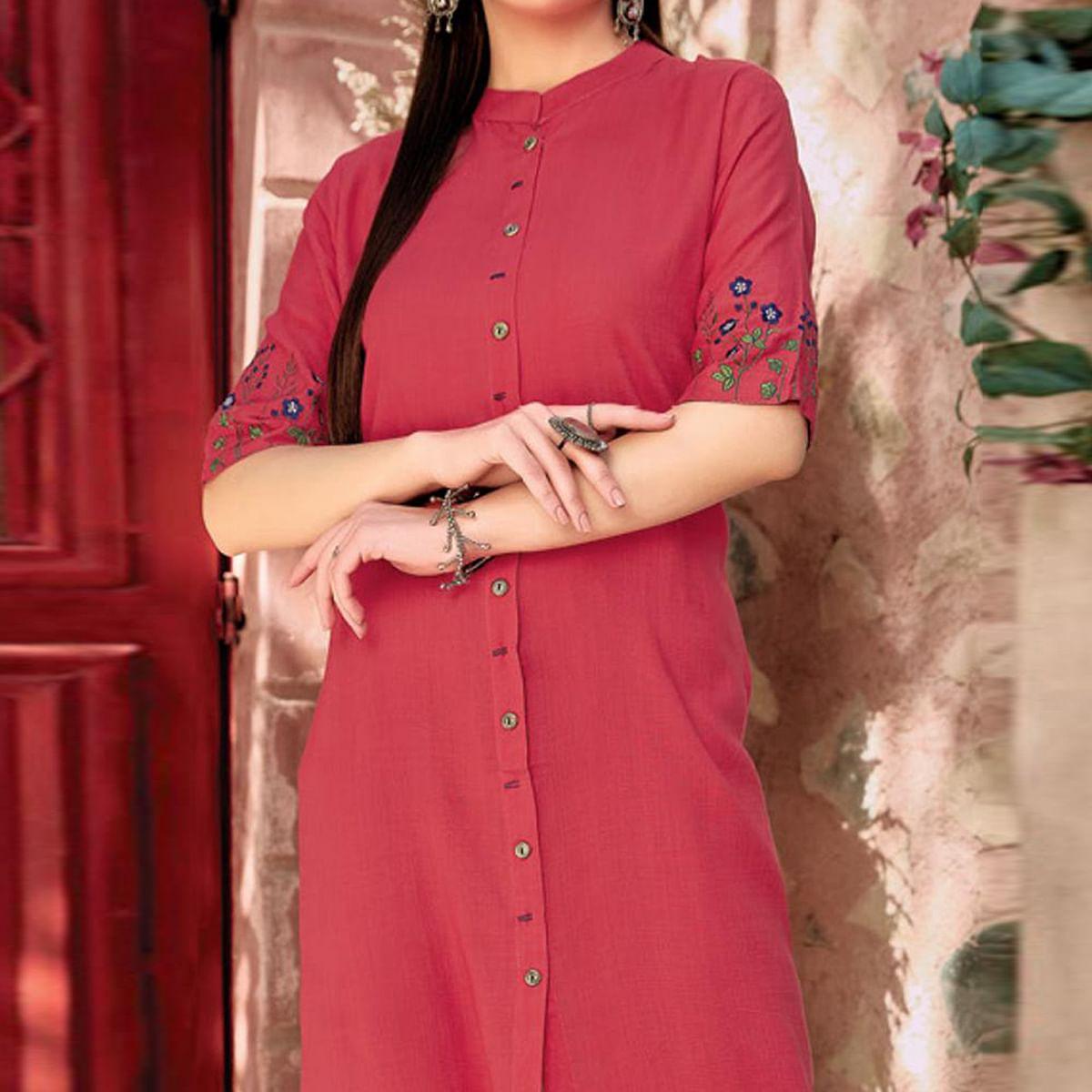 Pink Floral Embroidered Rayon Kurti - Peachmode