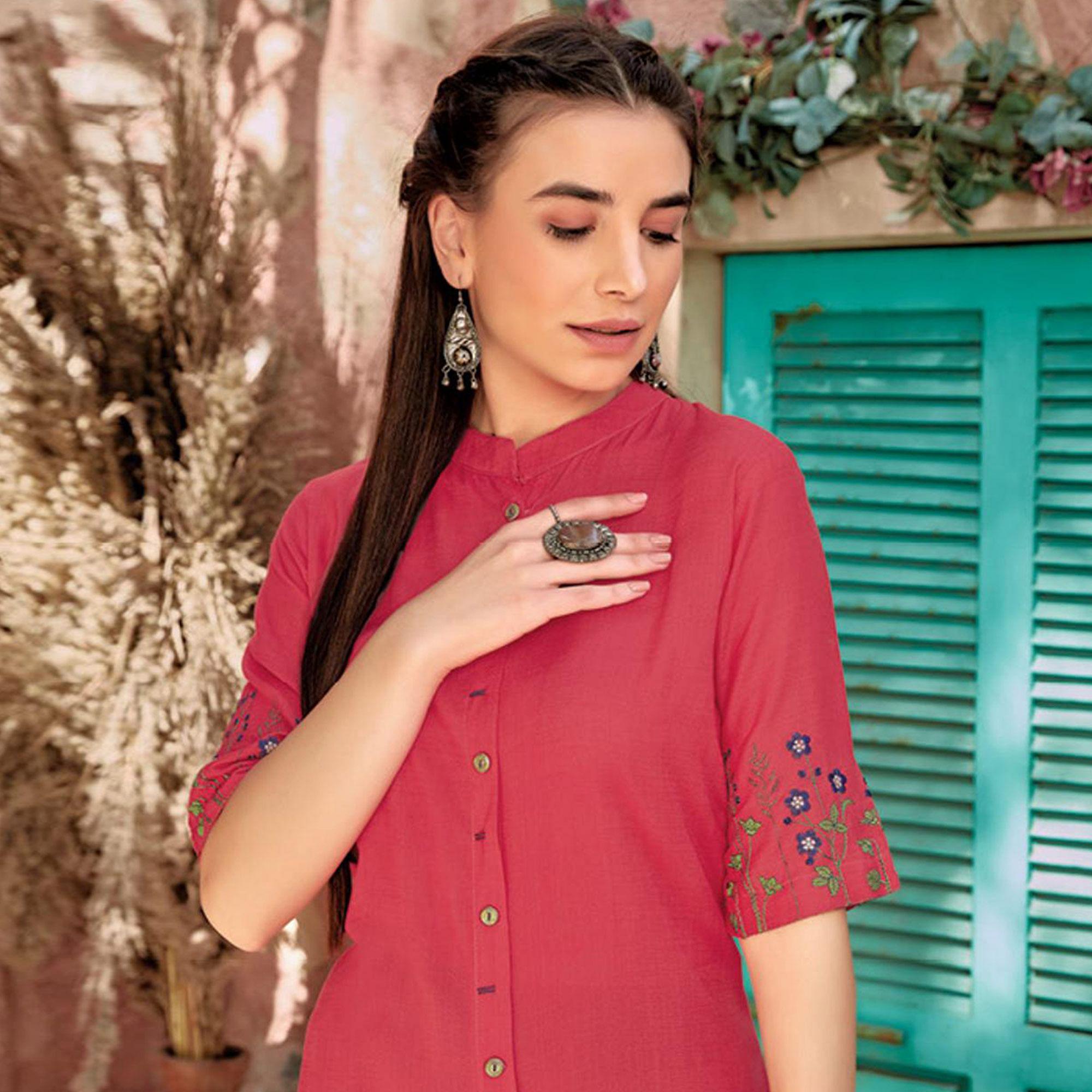 Pink Floral Embroidered Rayon Kurti - Peachmode
