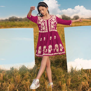 Pink Floral Embroidered Rayon Top - Peachmode