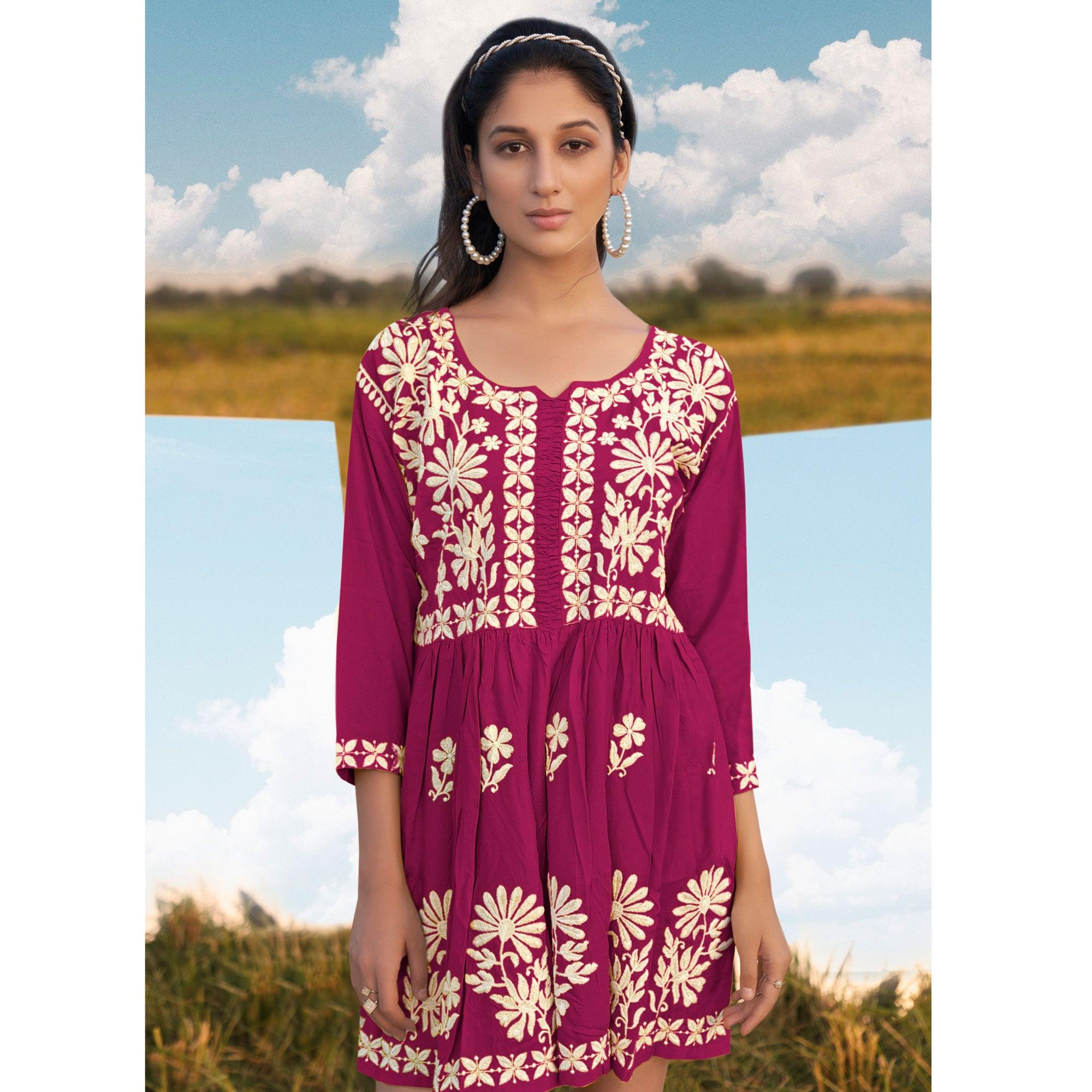 Pink Floral Embroidered Rayon Top - Peachmode