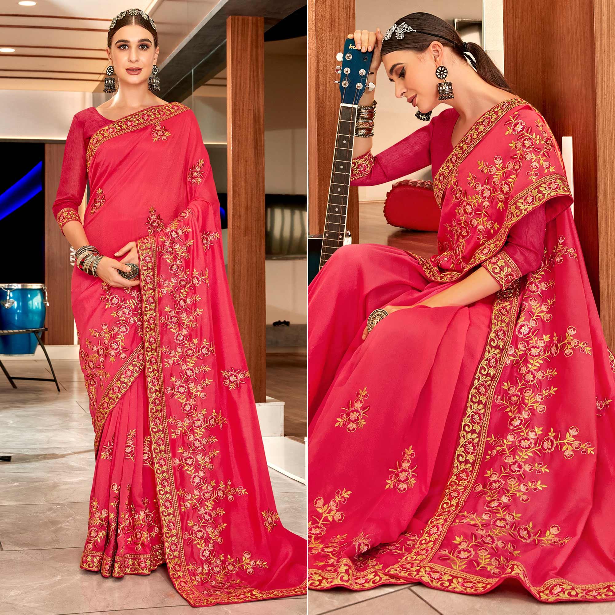 Pink Floral Embroidered Vichitra Silk Saree - Peachmode