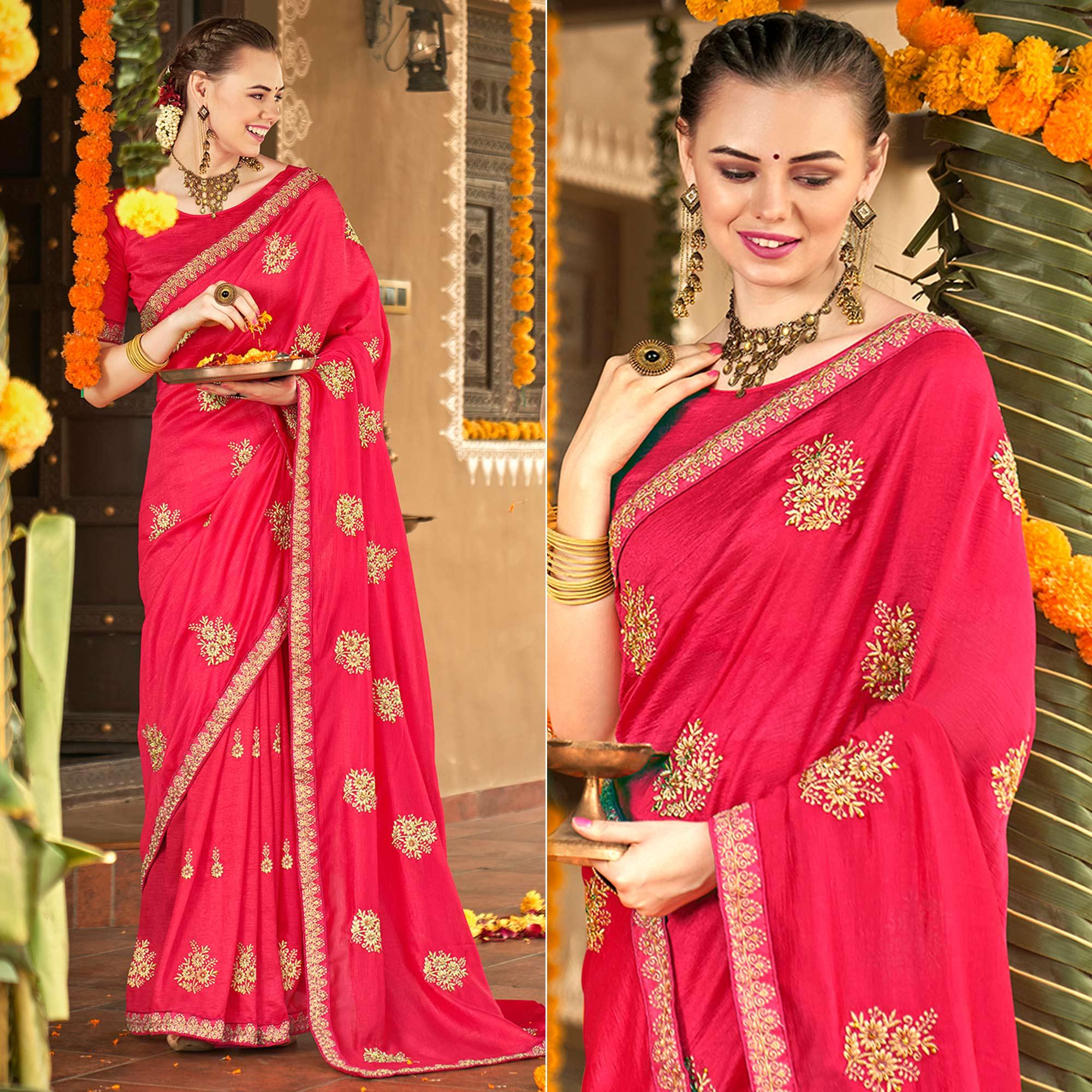 Pink Floral Embroidered Vichitra Silk Saree - Peachmode