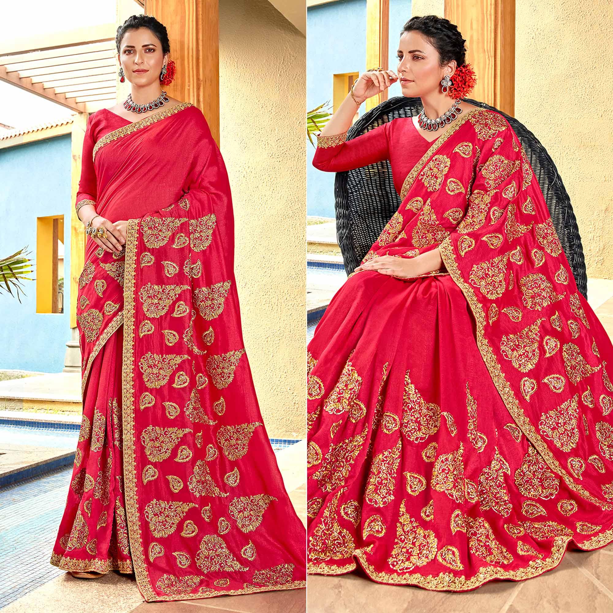 Pink Floral Embroidered Vichitra Silk Saree - Peachmode