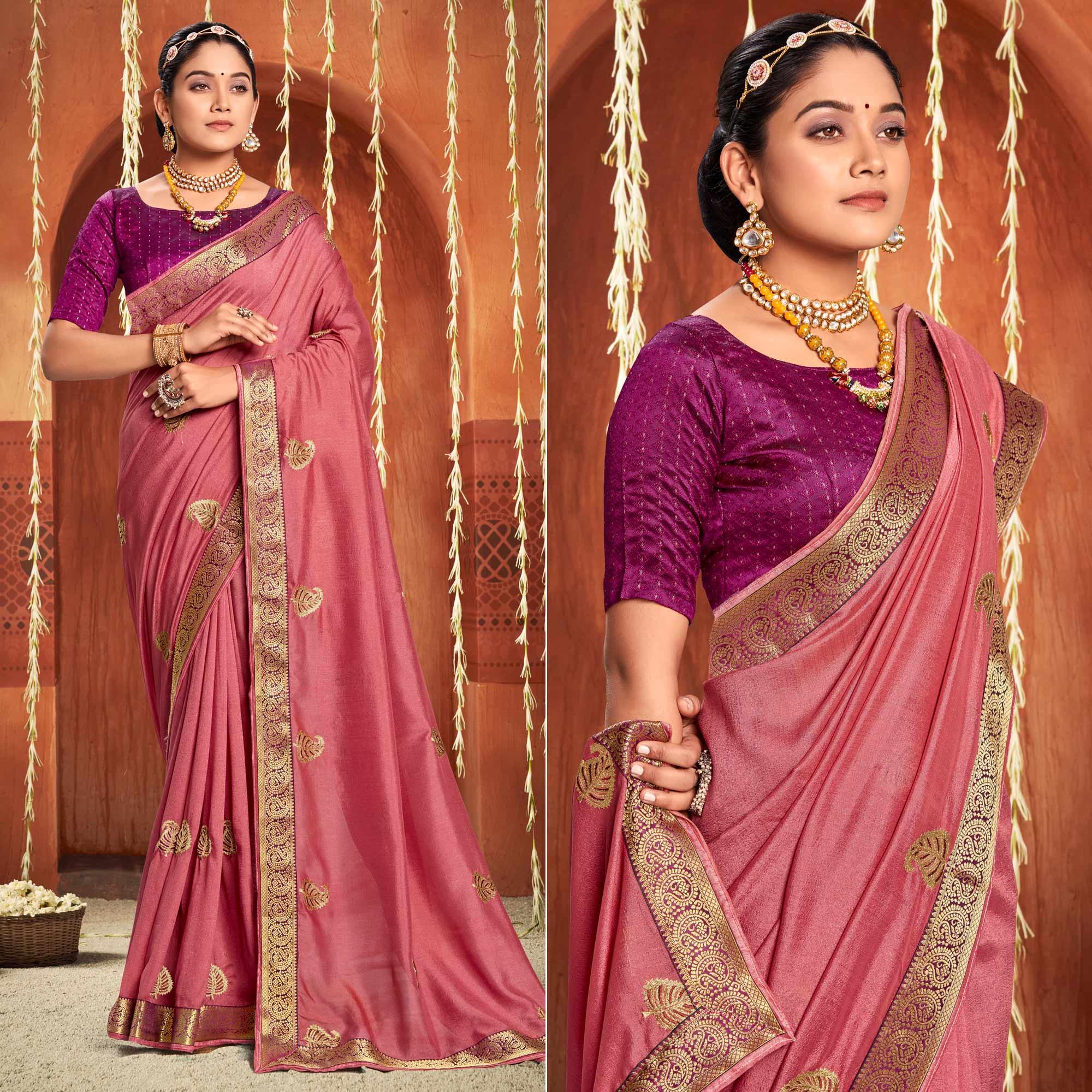 Pink Floral Embroidered Vichitra Silk Saree - Peachmode