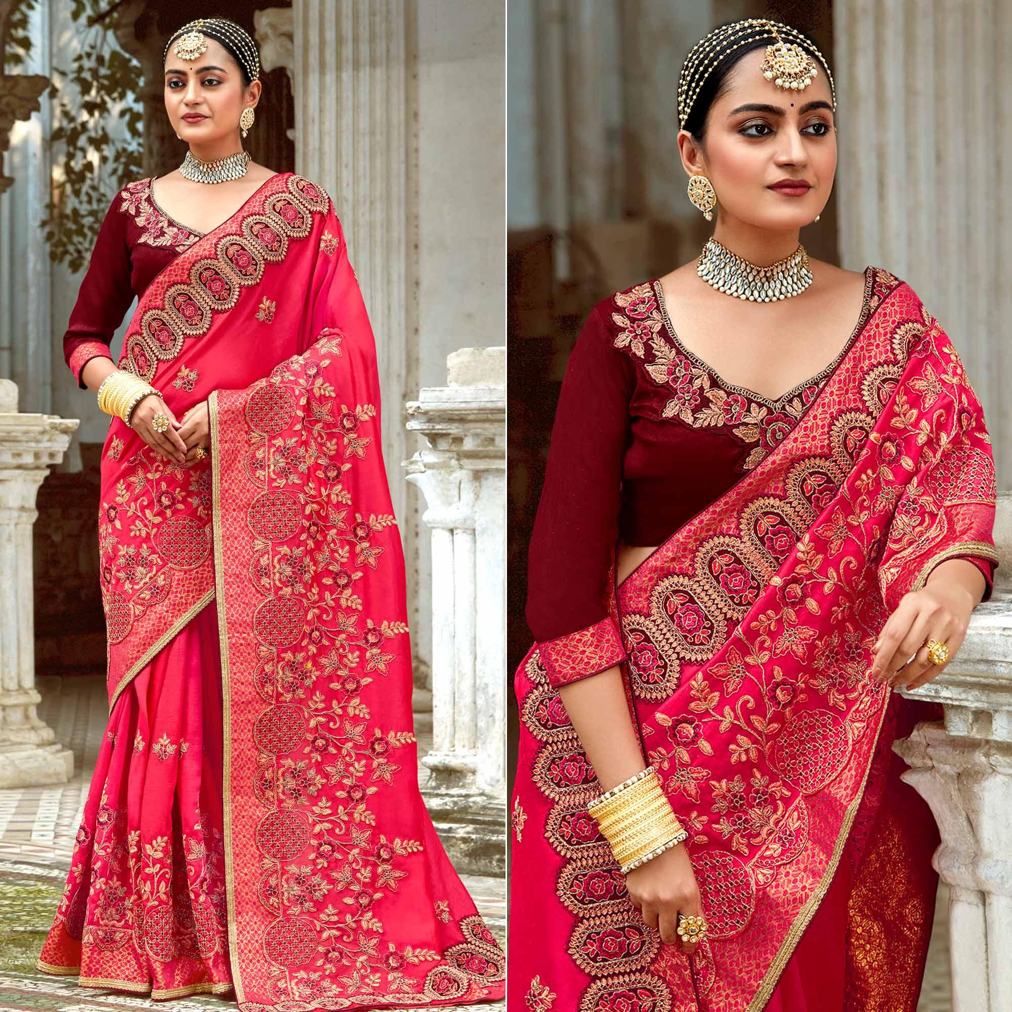 Pink Floral Embroidered Vichitra Silk Saree - Peachmode
